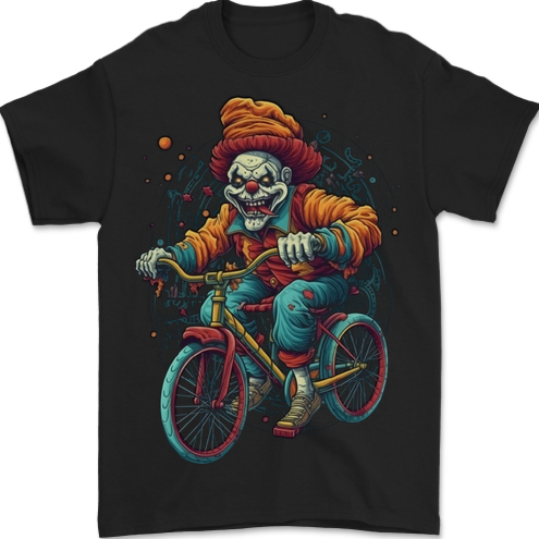 a skeleton riding a bike wearing a clown hat