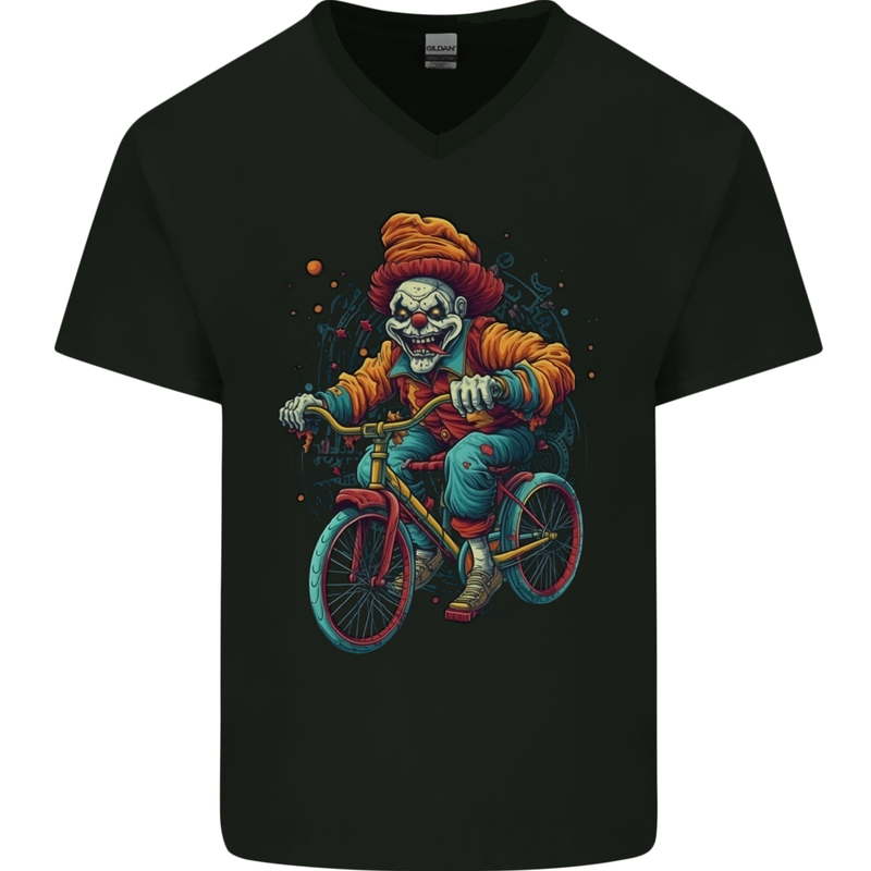 Demonic Clown On a Bicycle Cycling Halloween Mens V-Neck Cotton T-Shirt Black