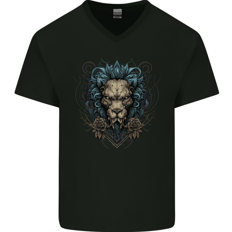 Devil Lion Skull Fantasy Demon Mens V-Neck Cotton T-Shirt Black