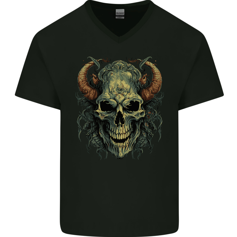 Devil Skull Demon Grim Reaper Satan Mens V-Neck Cotton T-Shirt Black