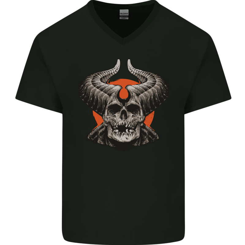 Devil Skull With Huge Horns Mens V-Neck Cotton T-Shirt Black