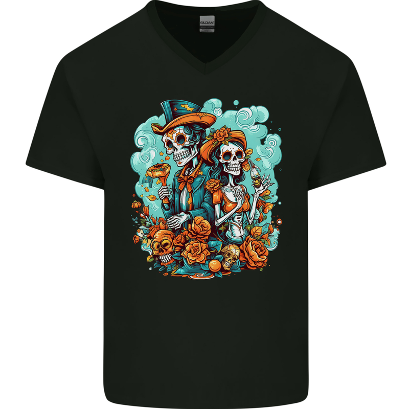 Dia de Los Muertos Day of the Dead Sugar Skull Mens V-Neck Cotton T-Shirt Black