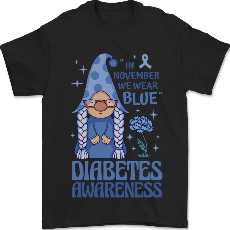 Diabetes Awareness We Wear Blue Gnome Mens T-Shirt 100% Cotton Black