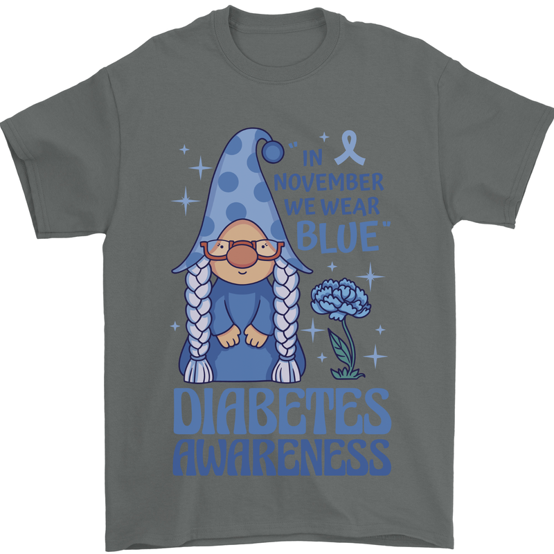 Diabetes Awareness We Wear Blue Gnome Mens T-Shirt 100% Cotton Charcoal