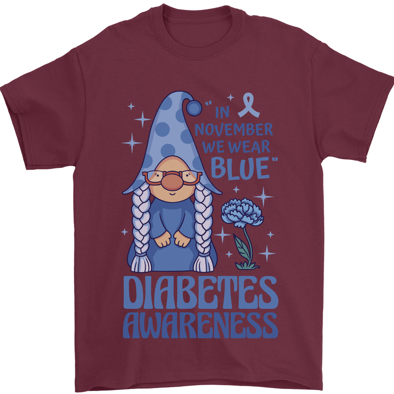 Diabetes Awareness We Wear Blue Gnome Mens T-Shirt 100% Cotton Maroon