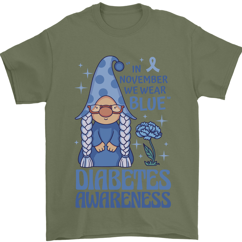 Diabetes Awareness We Wear Blue Gnome Mens T-Shirt 100% Cotton Military Green