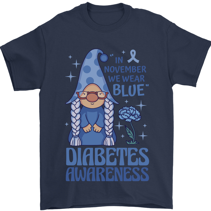 Diabetes Awareness We Wear Blue Gnome Mens T-Shirt 100% Cotton Navy Blue