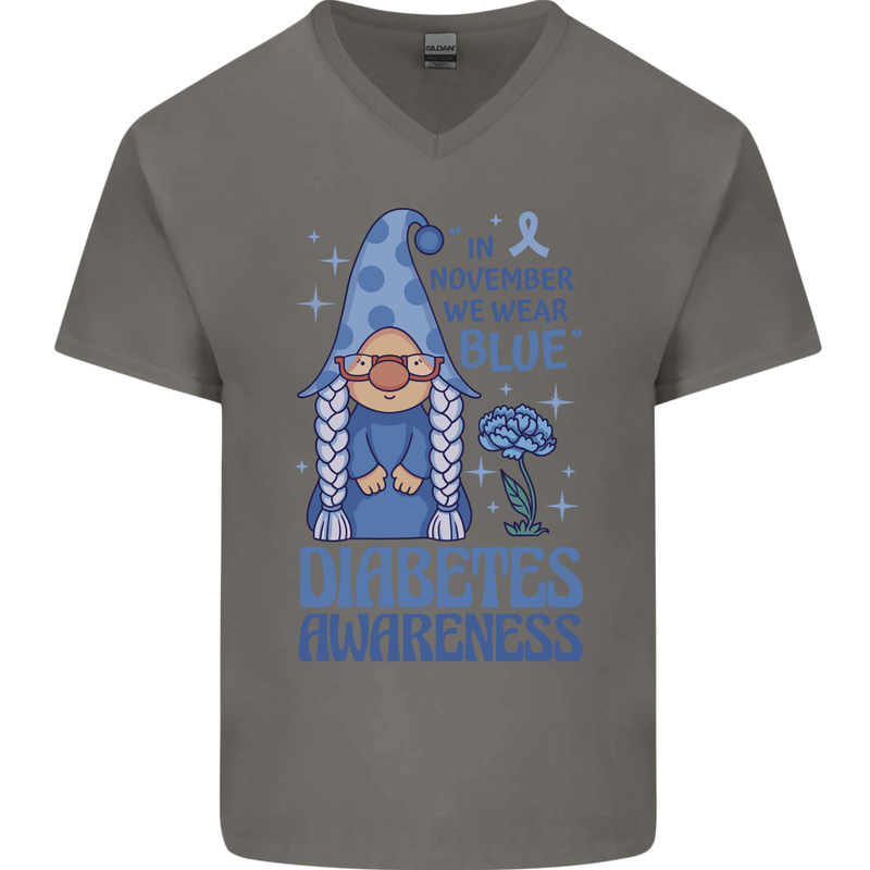 Diabetes Awareness We Wear Blue Gnome Mens V-Neck Cotton T-Shirt Charcoal