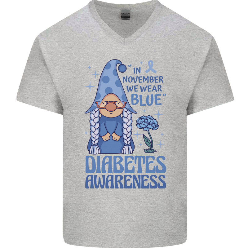 Diabetes Awareness We Wear Blue Gnome Mens V-Neck Cotton T-Shirt Sports Grey