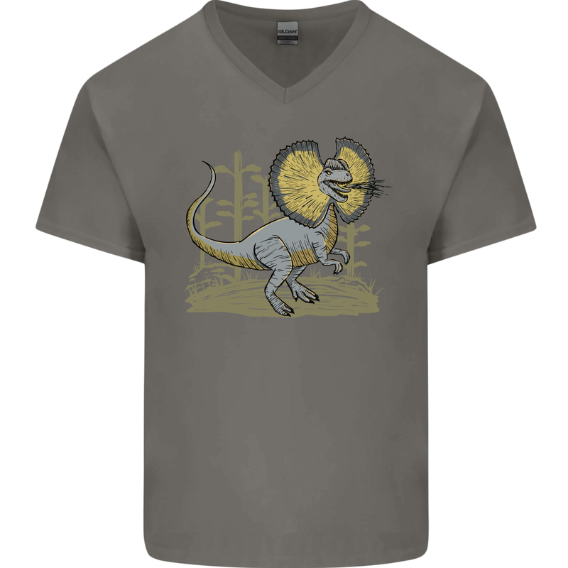 Dilophosaurus Dinosaur Mens V-Neck Cotton T-Shirt Charcoal