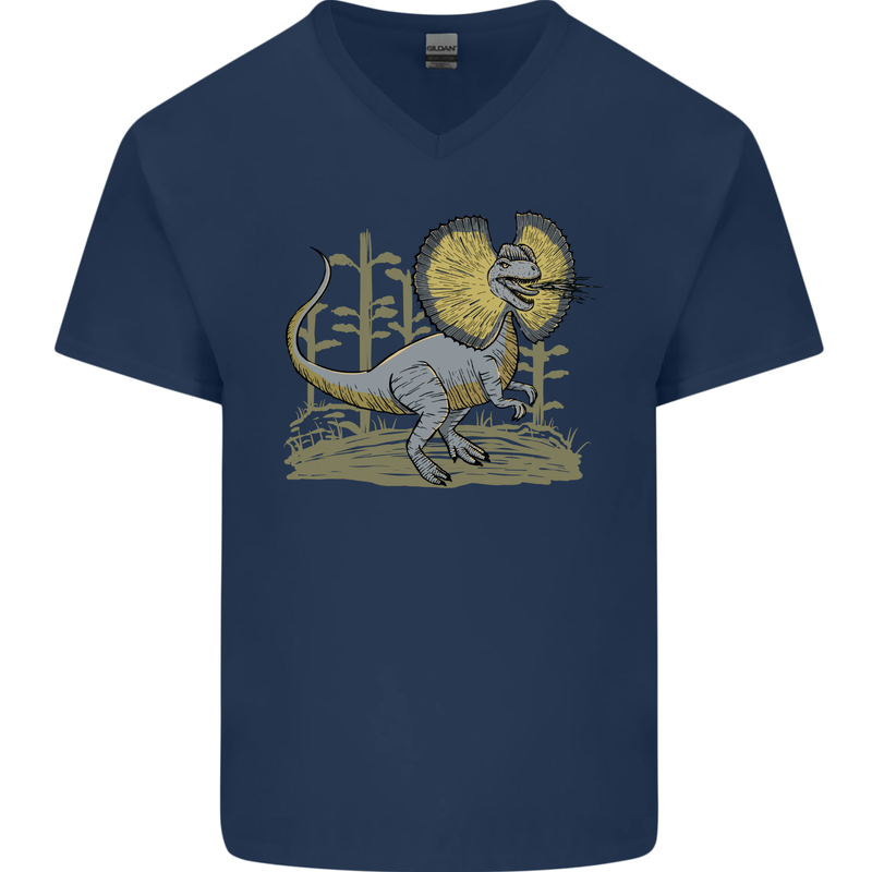 Dilophosaurus Dinosaur Mens V-Neck Cotton T-Shirt Navy Blue