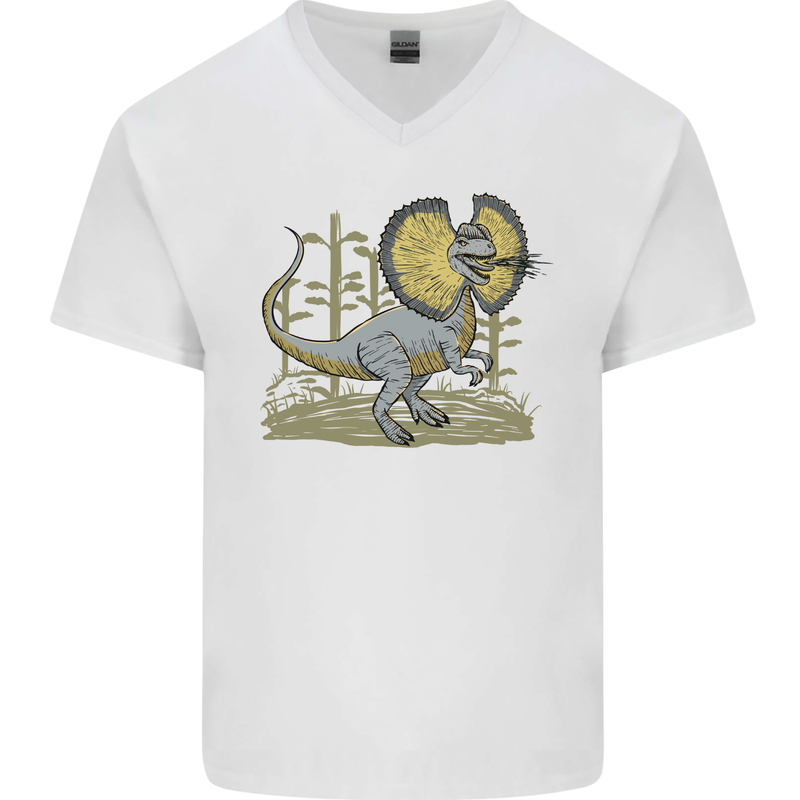 Dilophosaurus Dinosaur Mens V-Neck Cotton T-Shirt White