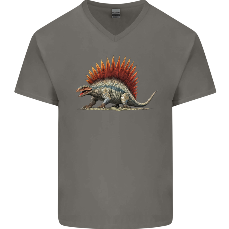 Dimetrodon Dinosaur Mens V-Neck Cotton T-Shirt Charcoal