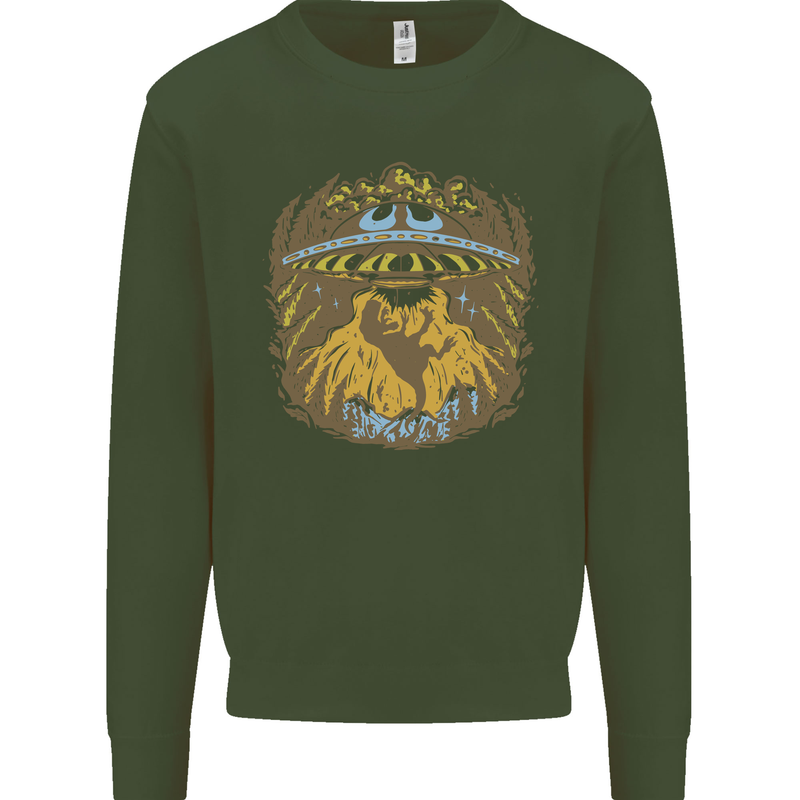 Dinosaur Abduction Aliens UFO T-Rex Kids Sweatshirt Jumper Forest Green