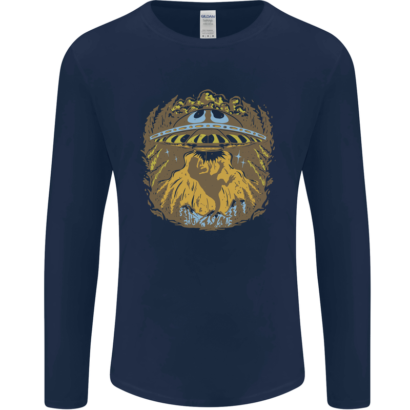 Dinosaur Abduction Aliens UFO T-Rex Mens Long Sleeve T-Shirt Navy Blue