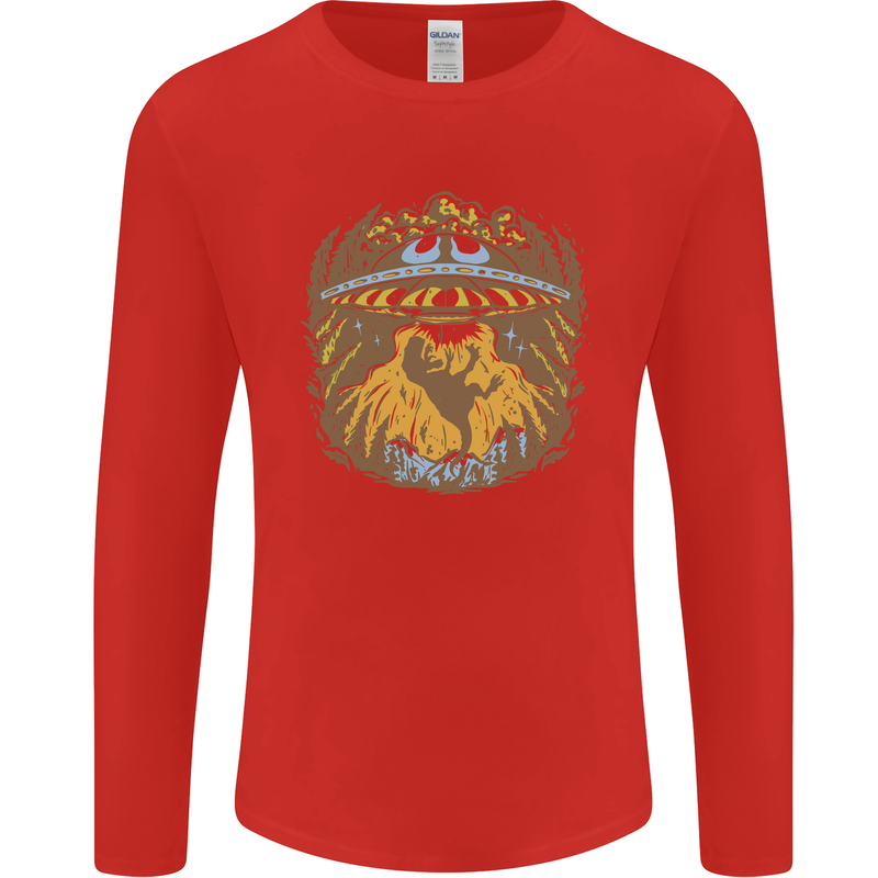 Dinosaur Abduction Aliens UFO T-Rex Mens Long Sleeve T-Shirt Red
