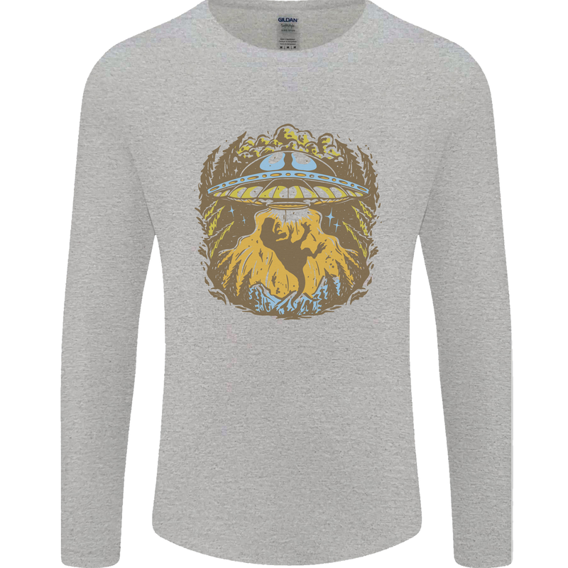 Dinosaur Abduction Aliens UFO T-Rex Mens Long Sleeve T-Shirt Sports Grey