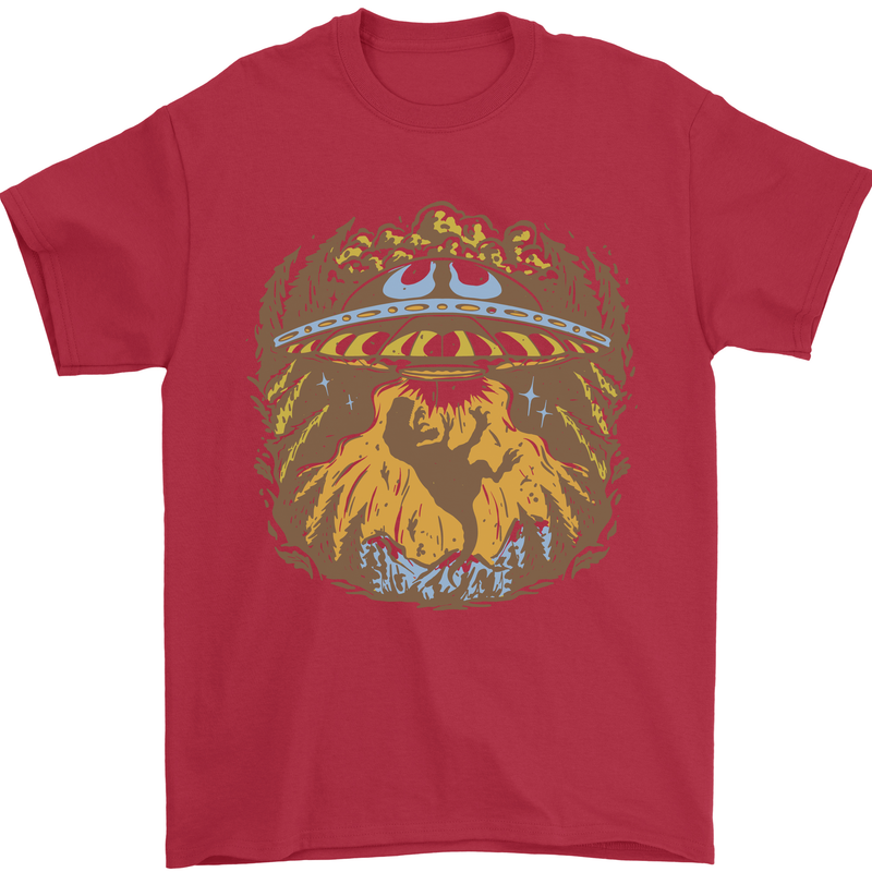 Dinosaur Abduction Aliens UFO T-Rex Mens T-Shirt 100% Cotton Red