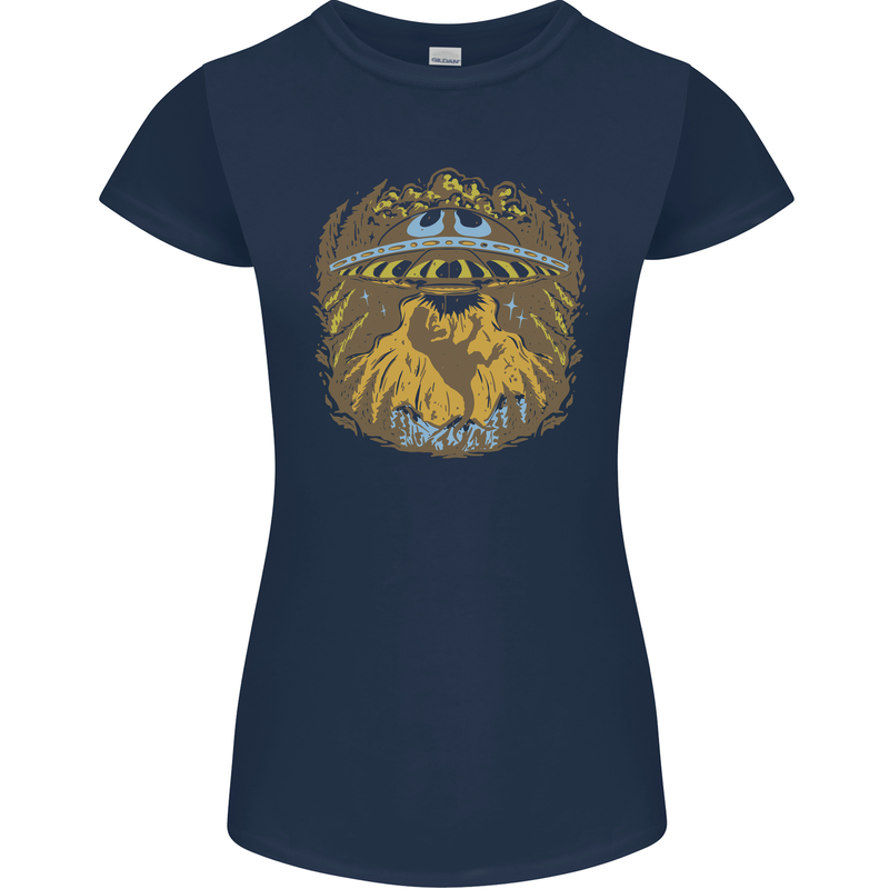Dinosaur Abduction Aliens UFO T-Rex Womens Petite Cut T-Shirt Navy Blue