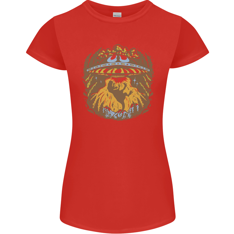 Dinosaur Abduction Aliens UFO T-Rex Womens Petite Cut T-Shirt Red