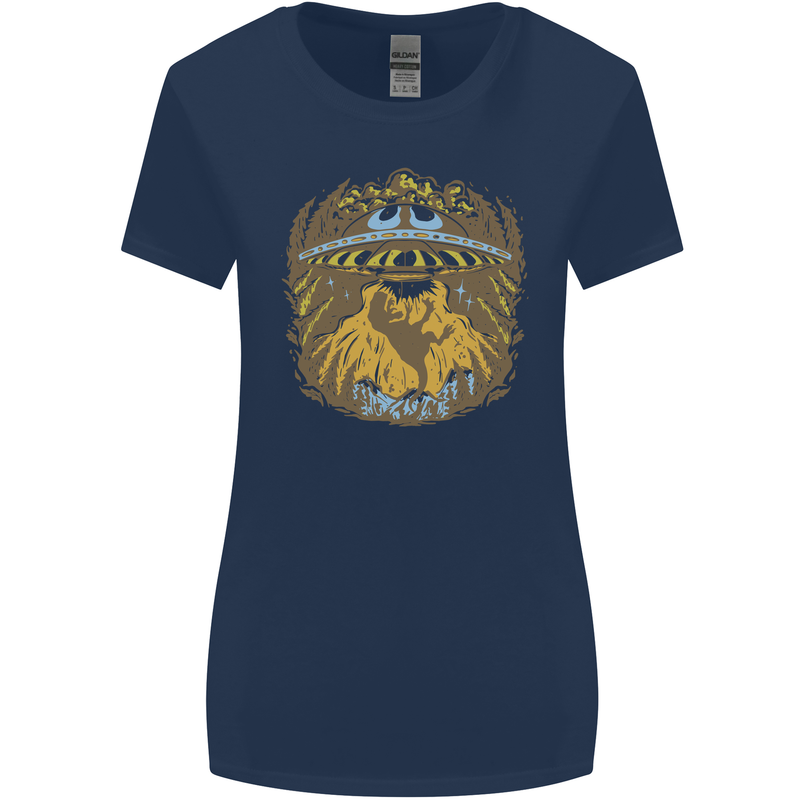 Dinosaur Abduction Aliens UFO T-Rex Womens Wider Cut T-Shirt Navy Blue