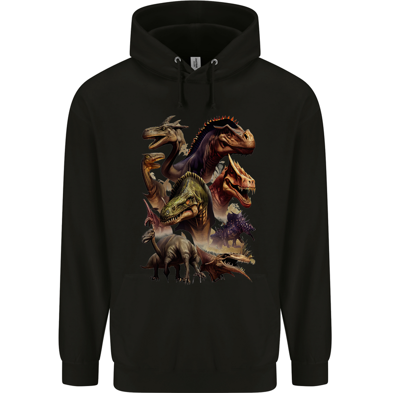 Dinosaur Collage T-Rex Raptor Dragons Mens 80% Cotton Hoodie Black