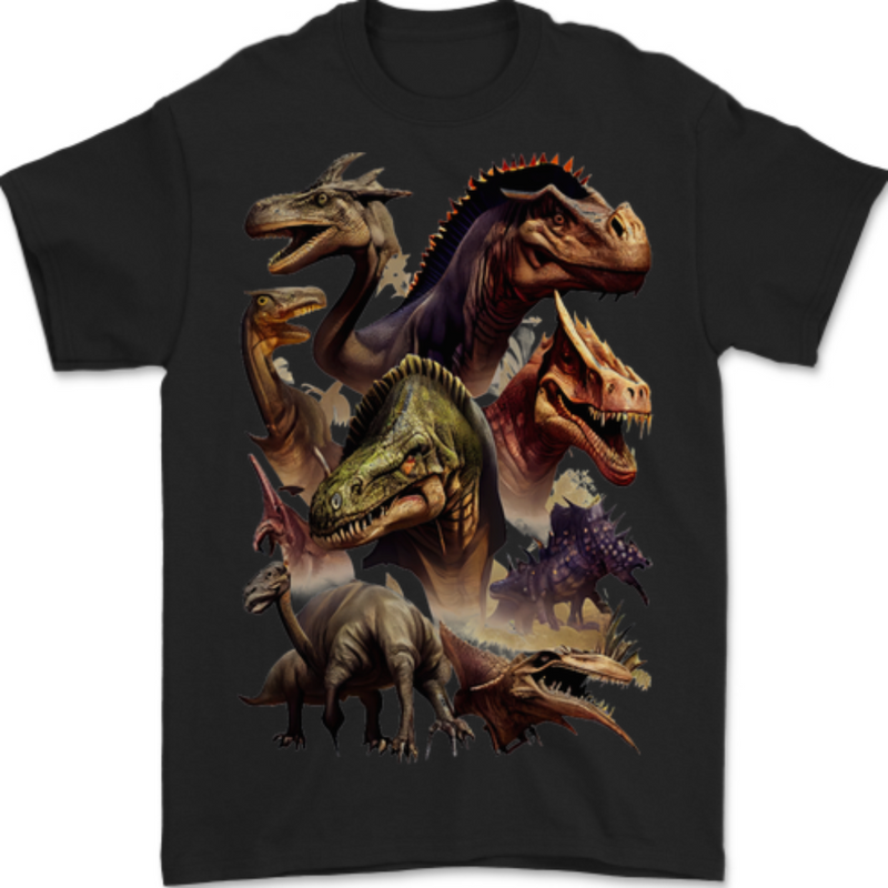 Dinosaur Collage T-Rex Raptor Dragons Mens T-Shirt 100% Cotton BLACK