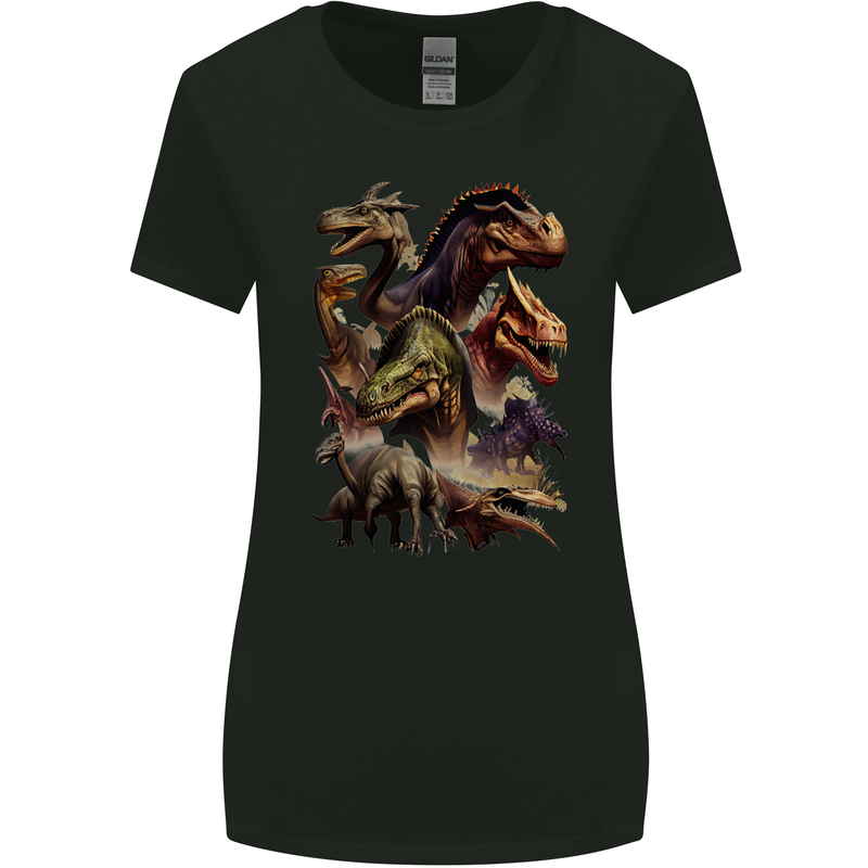Dinosaur Collage T-Rex Raptor Dragons Womens Wider Cut T-Shirt Black