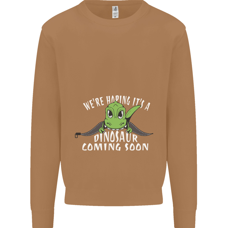 Dinosaur Coming Soon New Baby Pregnancy Mens Sweatshirt Jumper Caramel Latte