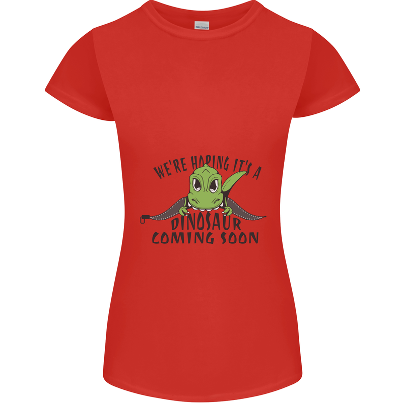 Dinosaur Coming Soon New Baby Pregnancy Pregnant Womens Petite Cut T-Shirt Red