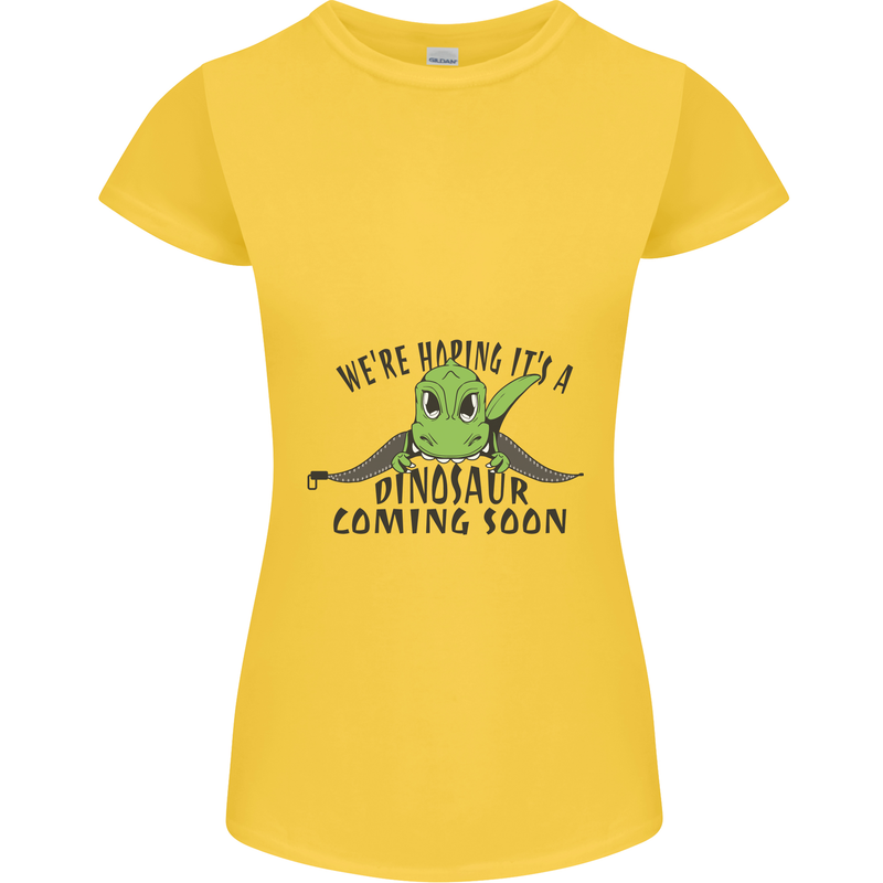 Dinosaur Coming Soon New Baby Pregnancy Pregnant Womens Petite Cut T-Shirt Yellow