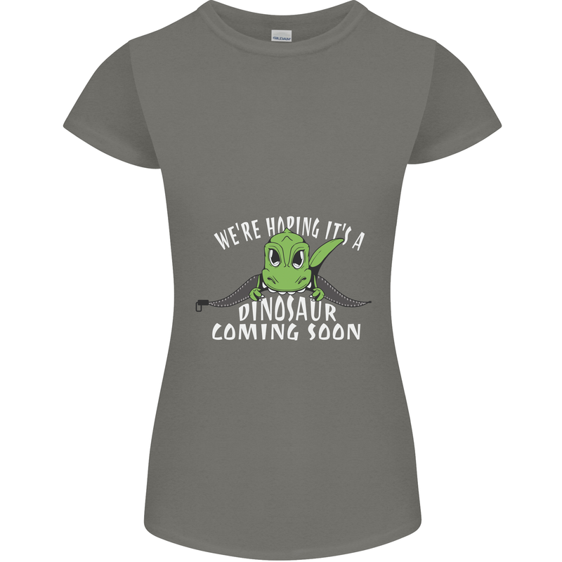 Dinosaur Coming Soon New Baby Pregnancy Womens Petite Cut T-Shirt Charcoal