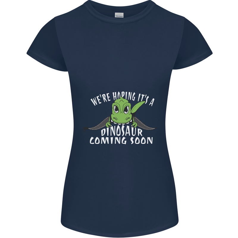 Dinosaur Coming Soon New Baby Pregnancy Womens Petite Cut T-Shirt Navy Blue