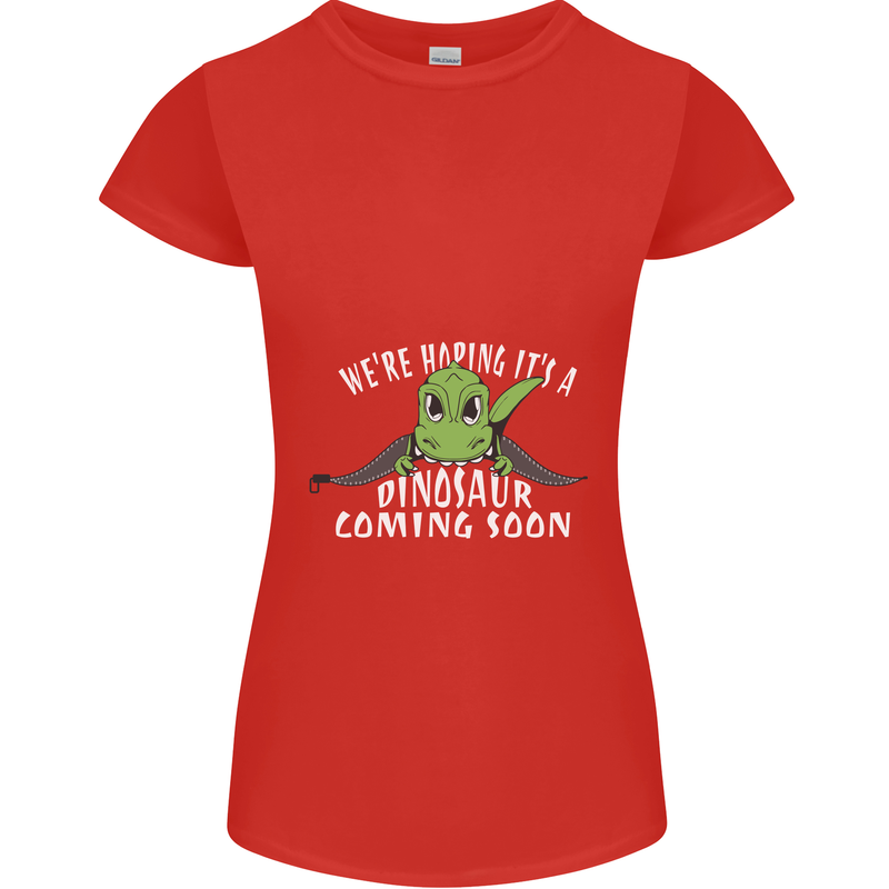 Dinosaur Coming Soon New Baby Pregnancy Womens Petite Cut T-Shirt Red
