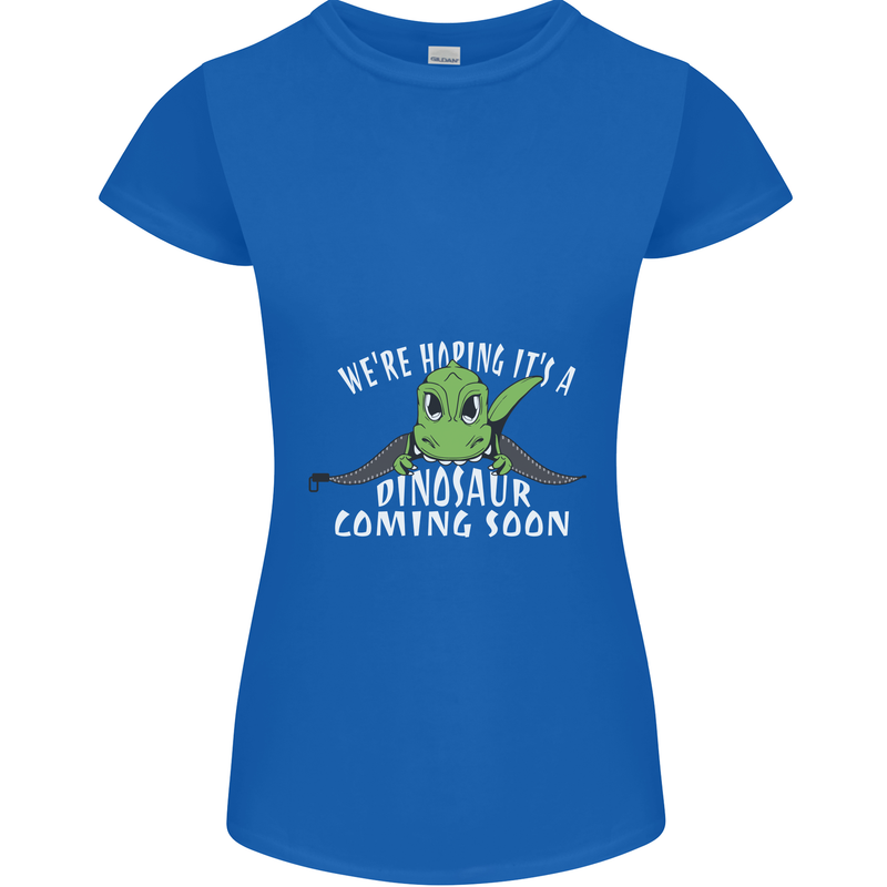 Dinosaur Coming Soon New Baby Pregnancy Womens Petite Cut T-Shirt Royal Blue