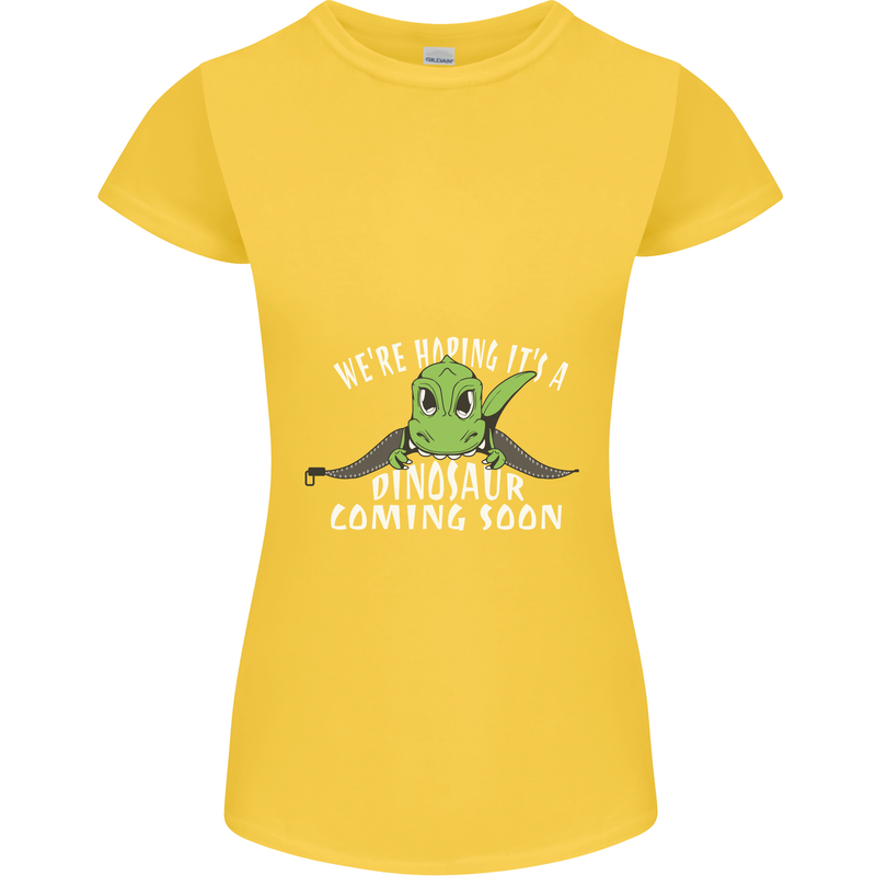 Dinosaur Coming Soon New Baby Pregnancy Womens Petite Cut T-Shirt Yellow