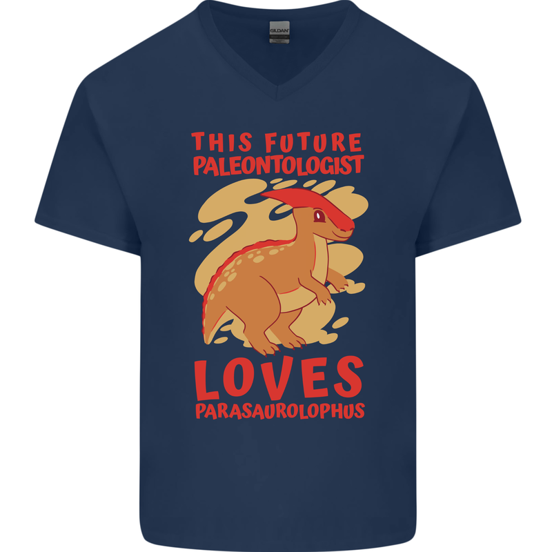 Dinosaur Palaeontologist Loves Parasaurolophus Mens V-Neck Cotton T-Shirt Navy Blue