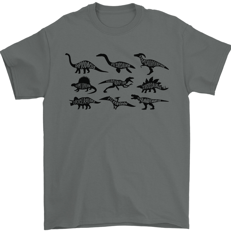 Dinosaur Types T-Rex Stegosaurus Triceratops Mens T-Shirt 100% Cotton Charcoal
