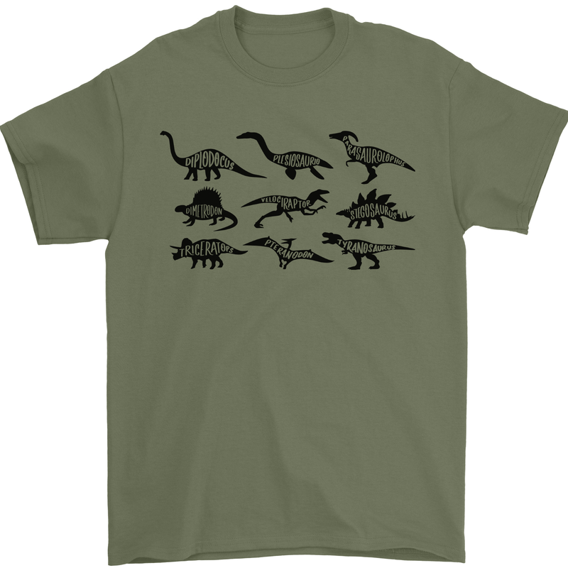 Dinosaur Types T-Rex Stegosaurus Triceratops Mens T-Shirt 100% Cotton Military Green