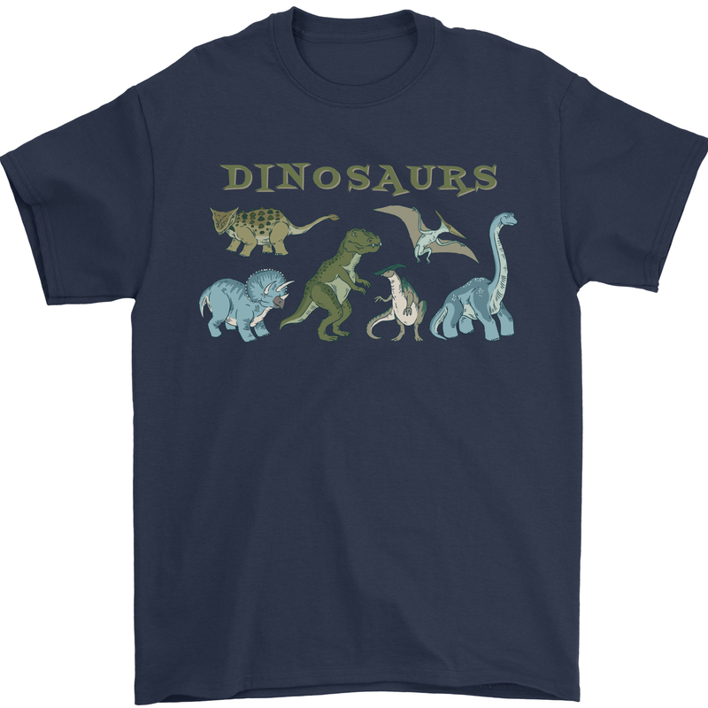 Dinosaurs T-Rex Triceratops Pteranodon Mens T-Shirt 100% Cotton Navy Blue