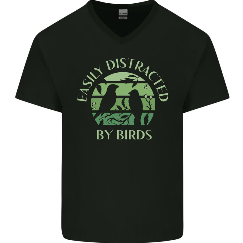 Distracted By Birds Funny Birdwatching Birding Mens V-Neck Cotton T-Shirt Black