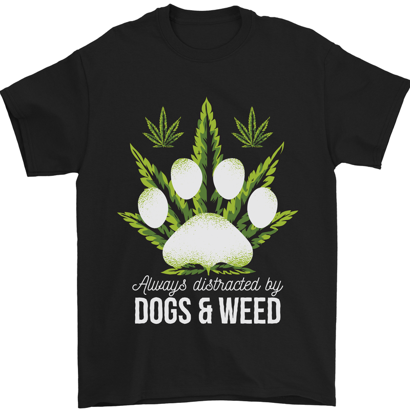 a black t - shirt with an image of a dog's paw and marijuana