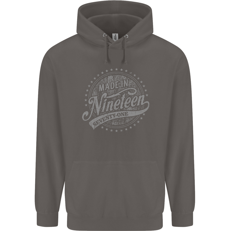 Distressed 52nd Birthday Made In 1971 Mens 80% Cotton Hoodie Charcoal