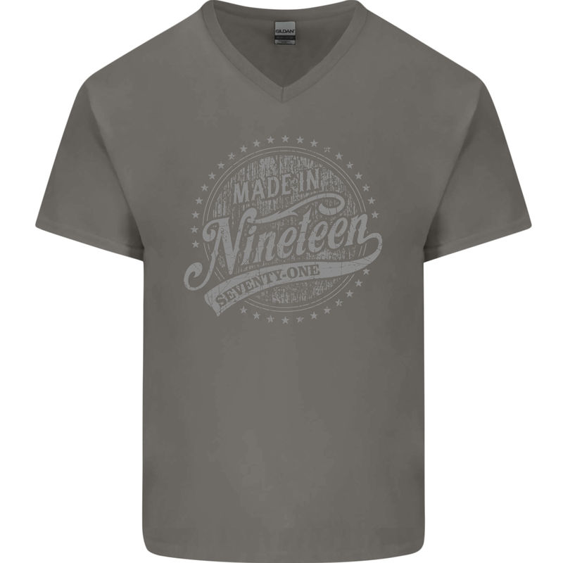 Distressed 52nd Birthday Made In 1971 Mens V-Neck Cotton T-Shirt Charcoal