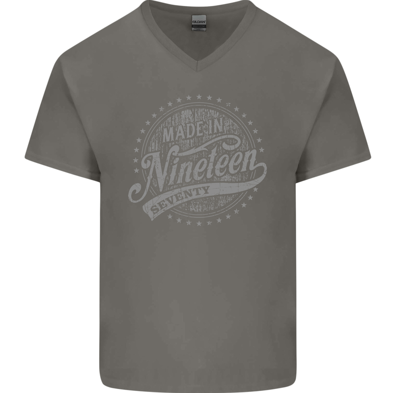Distressed 53rd Birthday Made In 1970 Mens V-Neck Cotton T-Shirt Charcoal