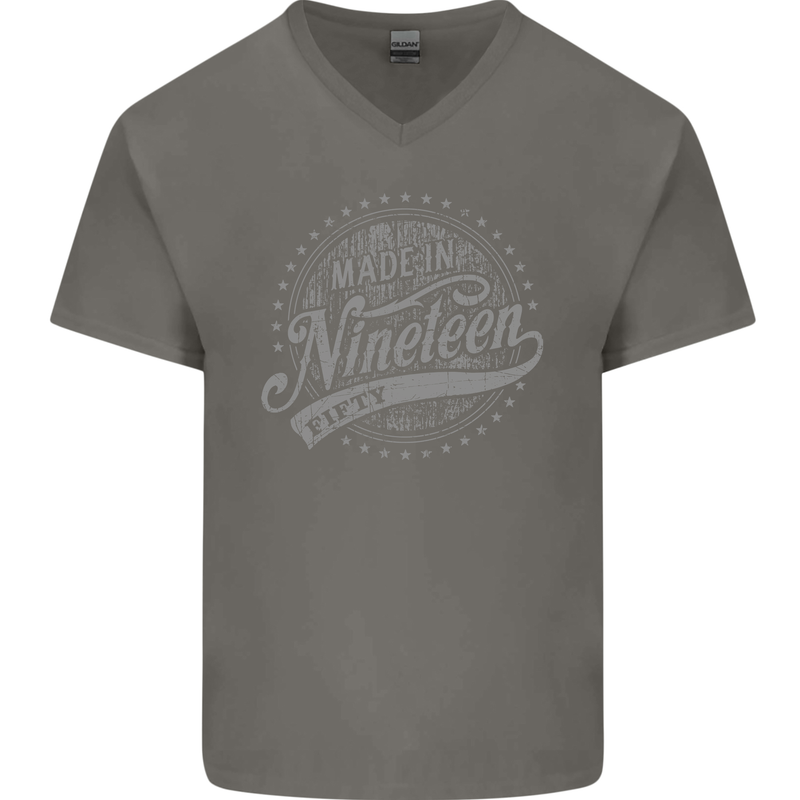 Distressed 73rd Birthday Made In 1950 Mens V-Neck Cotton T-Shirt Charcoal