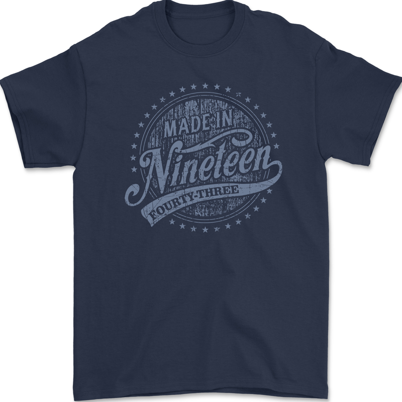 Distressed 80th Birthday Made In 1943 Mens Gildan Cotton T-Shirt Navy Blue