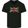 Distressed Great Britain Flag Union Jack UK Mens V-Neck Cotton T-Shirt Black