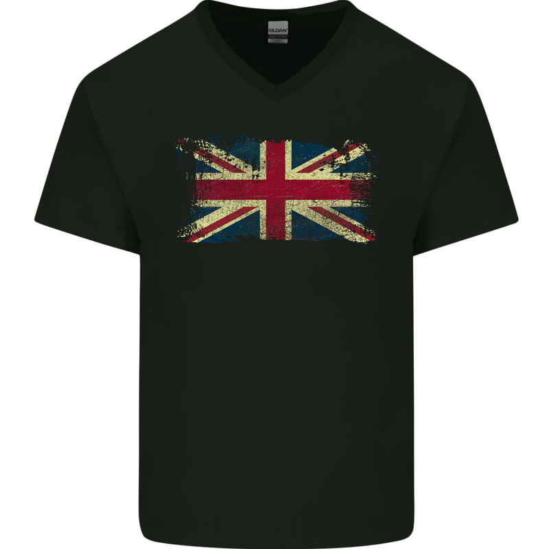 Distressed Great Britain Flag Union Jack UK Mens V-Neck Cotton T-Shirt Black