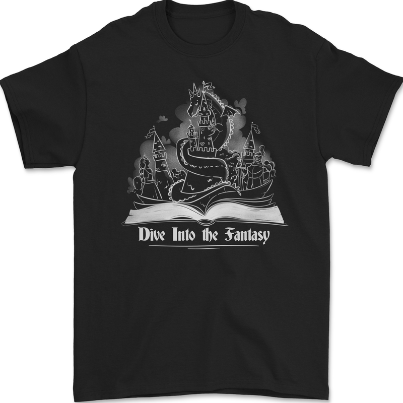 Dive into Fantasy Book Reading Bookworm Dragon Mens Gildan Cotton T-Shirt Black